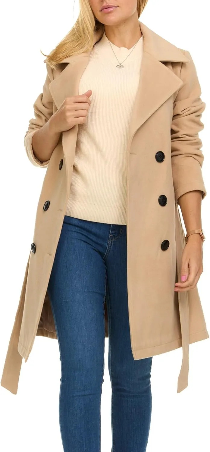 Steve Madden Trench Coat for Women ?C Double-Breasted Long Winter Faux Wool Coat