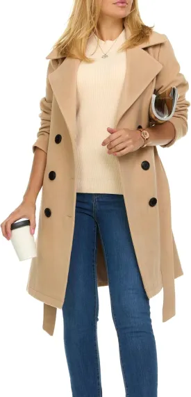 Steve Madden Trench Coat for Women ?C Double-Breasted Long Winter Faux Wool Coat