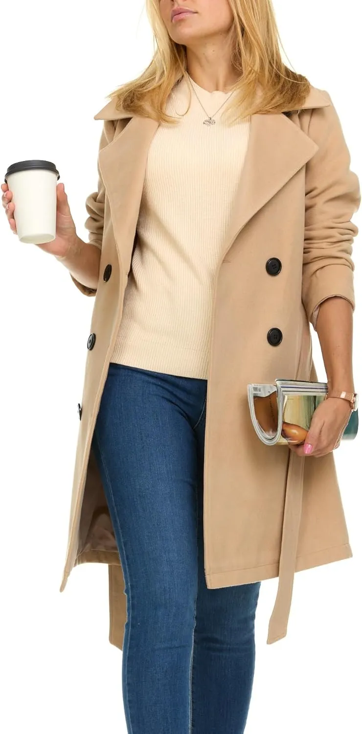 Steve Madden Trench Coat for Women ?C Double-Breasted Long Winter Faux Wool Coat