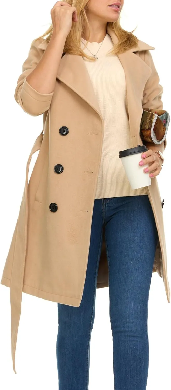 Steve Madden Trench Coat for Women ?C Double-Breasted Long Winter Faux Wool Coat