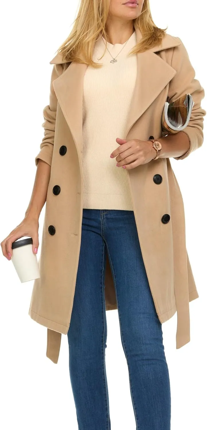 Steve Madden Trench Coat for Women ?C Double-Breasted Long Winter Faux Wool Coat