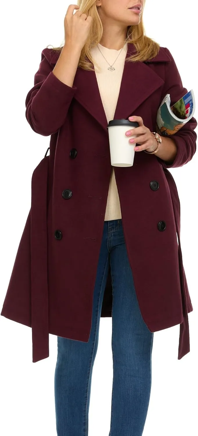 Steve Madden Trench Coat for Women ?C Double-Breasted Long Winter Faux Wool Coat
