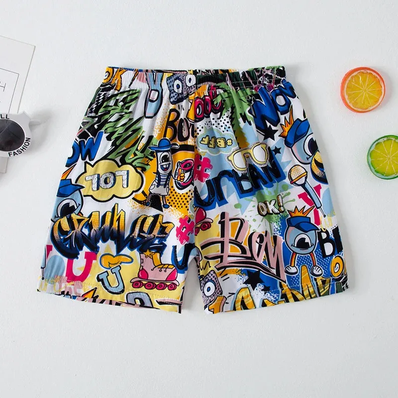 Summer children's color printing thin beach shorts boys and girls casual and comfortable pants elastic waist cute shorts.
