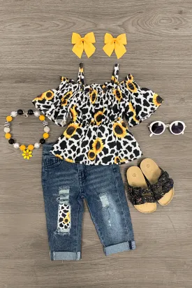 Sunflower & Cow Distressed Denim Capri Set