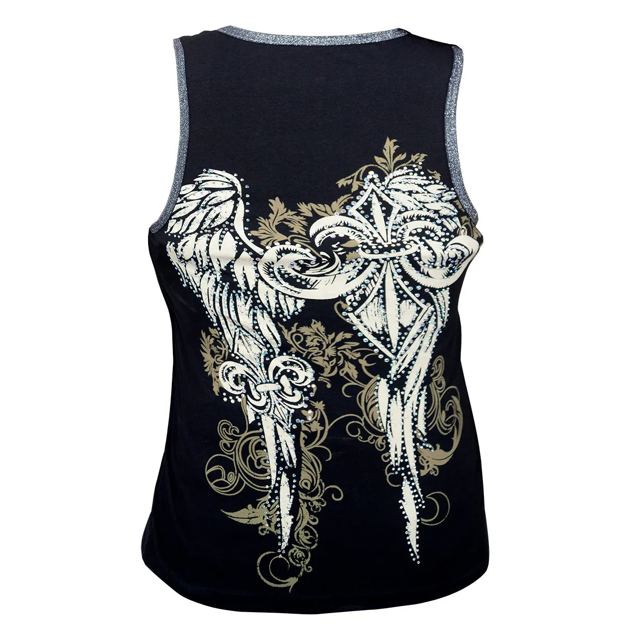 VB017 Fluer - Wings and Fluer De Lis Black Tank Topwith Zipper and Studs