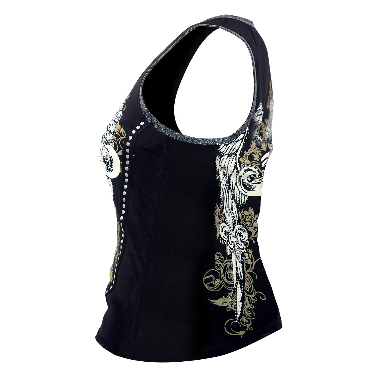 VB017 Fluer - Wings and Fluer De Lis Black Tank Topwith Zipper and Studs