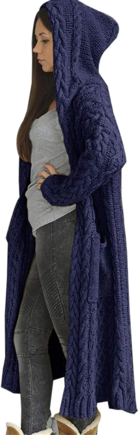 Women Chunky Knit Sweater Coats Solid Hooded Long Cardigan Sweaters Winter Outwear Loose Knitted Jacket with