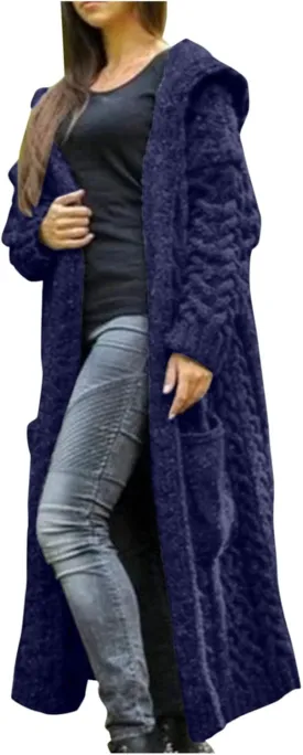 Women Chunky Knit Sweater Coats Solid Hooded Long Cardigan Sweaters Winter Outwear Loose Knitted Jacket with