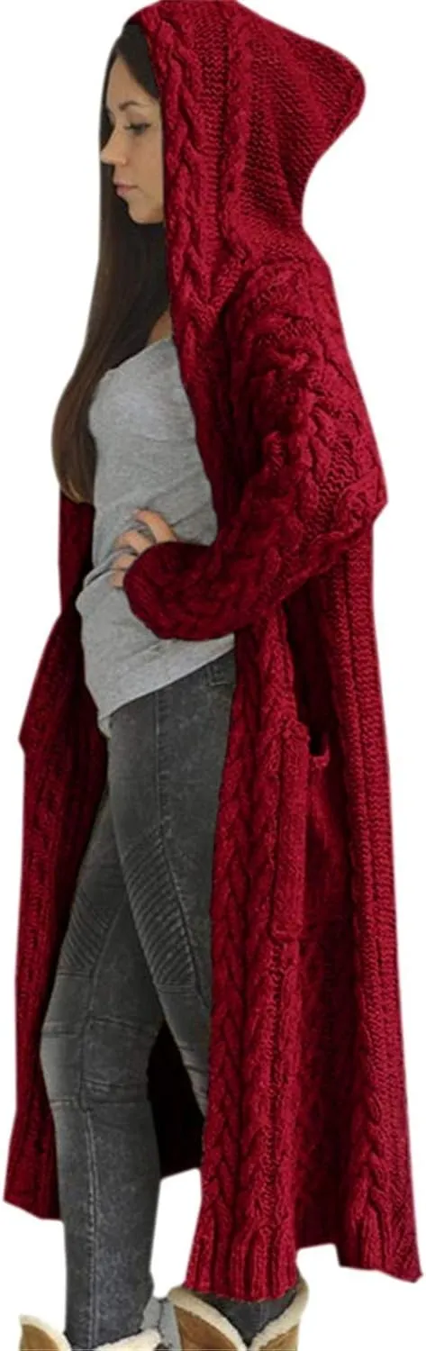 Women Chunky Knit Sweater Coats Solid Hooded Long Cardigan Sweaters Winter Outwear Loose Knitted Jacket with