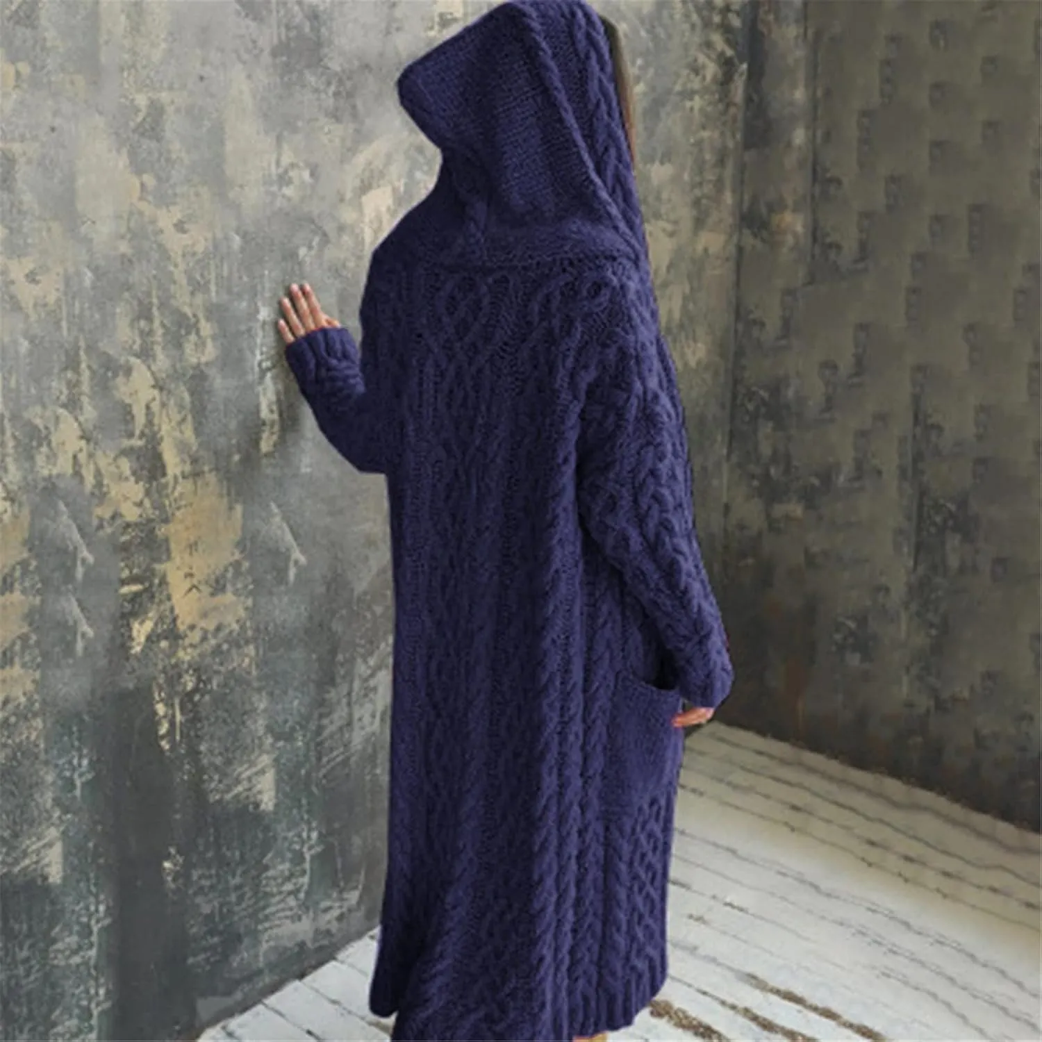 Women Chunky Knit Sweater Coats Solid Hooded Long Cardigan Sweaters Winter Outwear Loose Knitted Jacket with