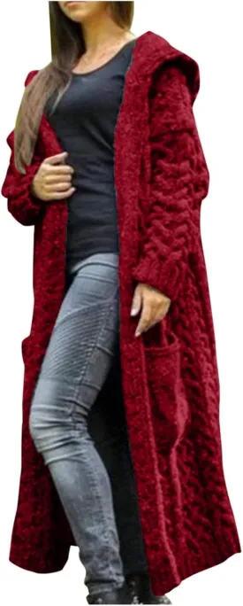 Women Chunky Knit Sweater Coats Solid Hooded Long Cardigan Sweaters Winter Outwear Loose Knitted Jacket with