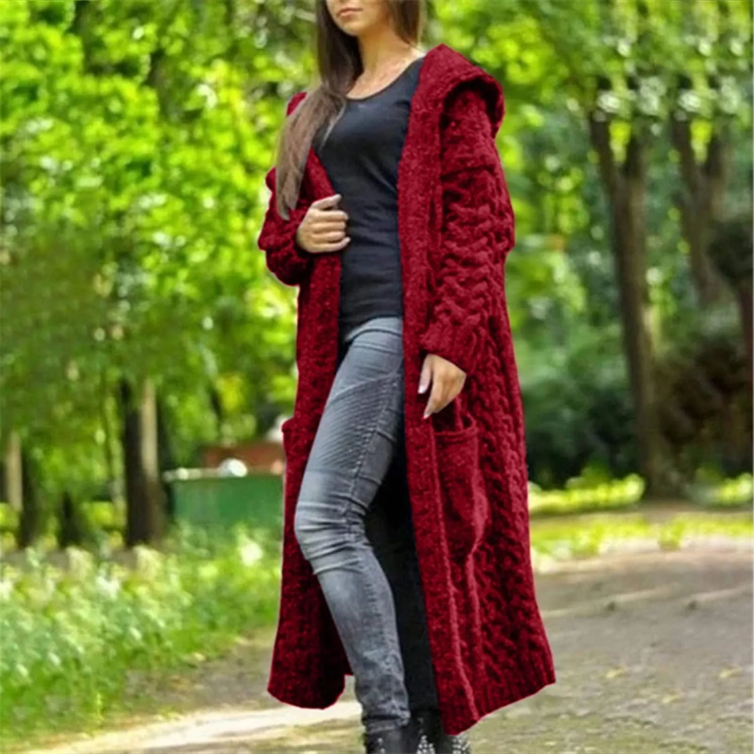 Women Chunky Knit Sweater Coats Solid Hooded Long Cardigan Sweaters Winter Outwear Loose Knitted Jacket with