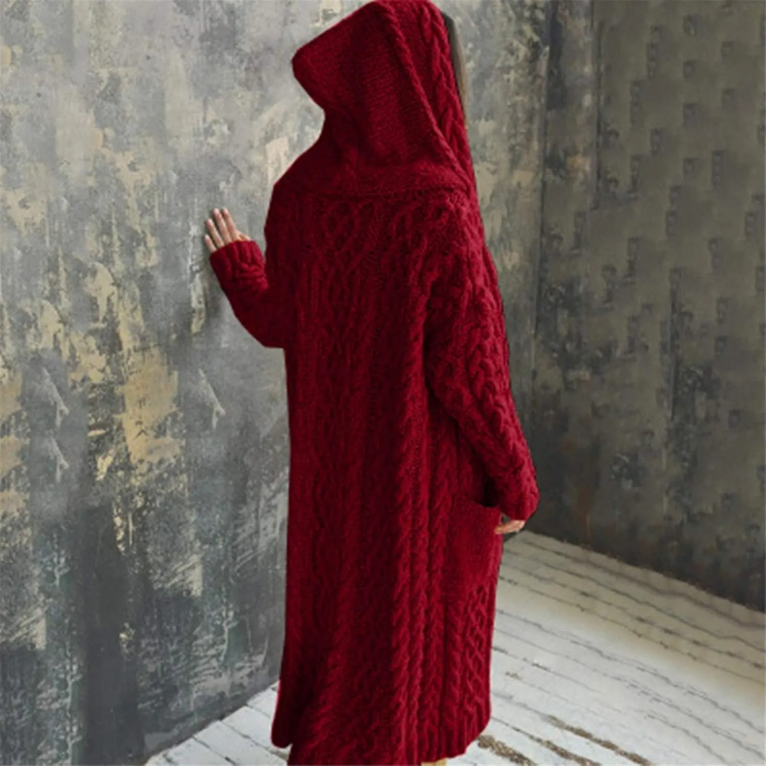 Women Chunky Knit Sweater Coats Solid Hooded Long Cardigan Sweaters Winter Outwear Loose Knitted Jacket with