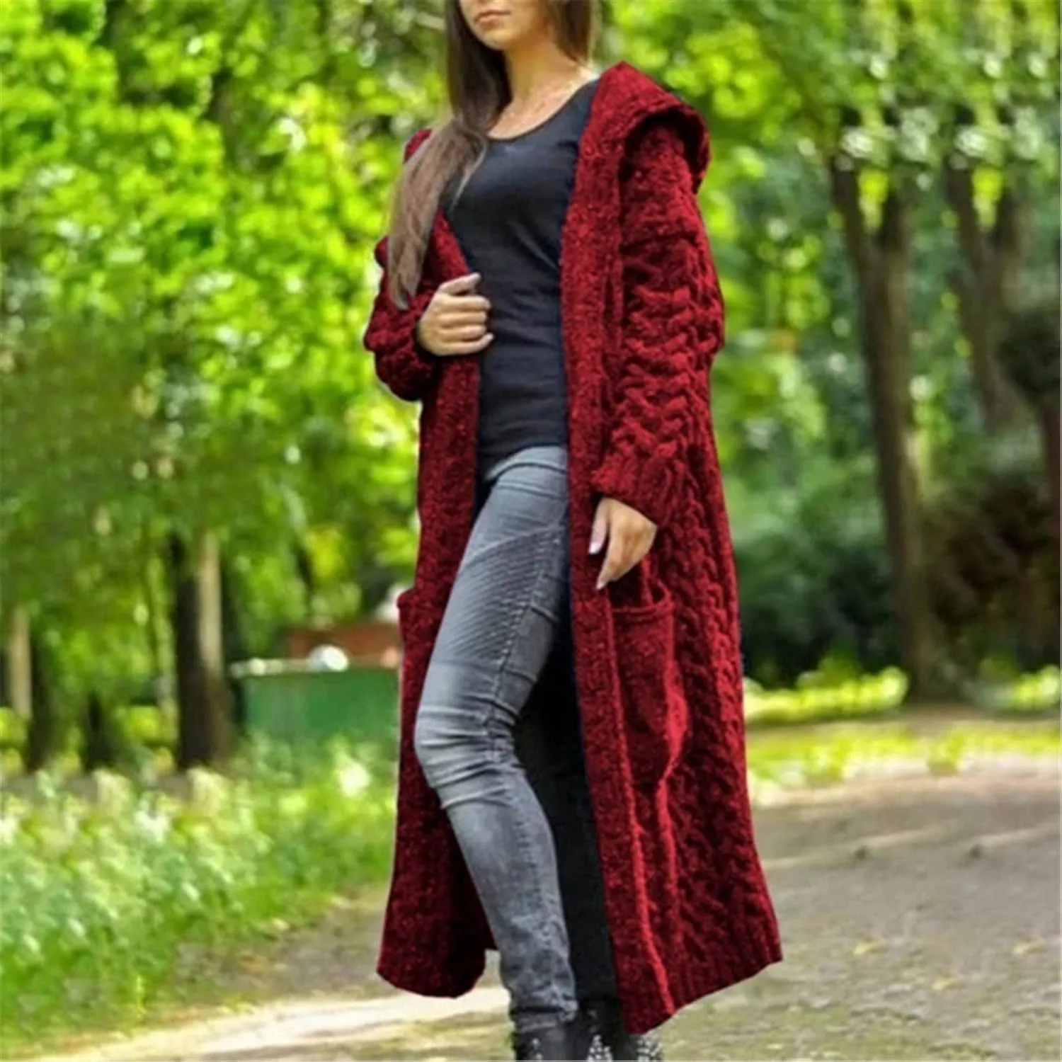 Women Chunky Knit Sweater Coats Solid Hooded Long Cardigan Sweaters Winter Outwear Loose Knitted Jacket with