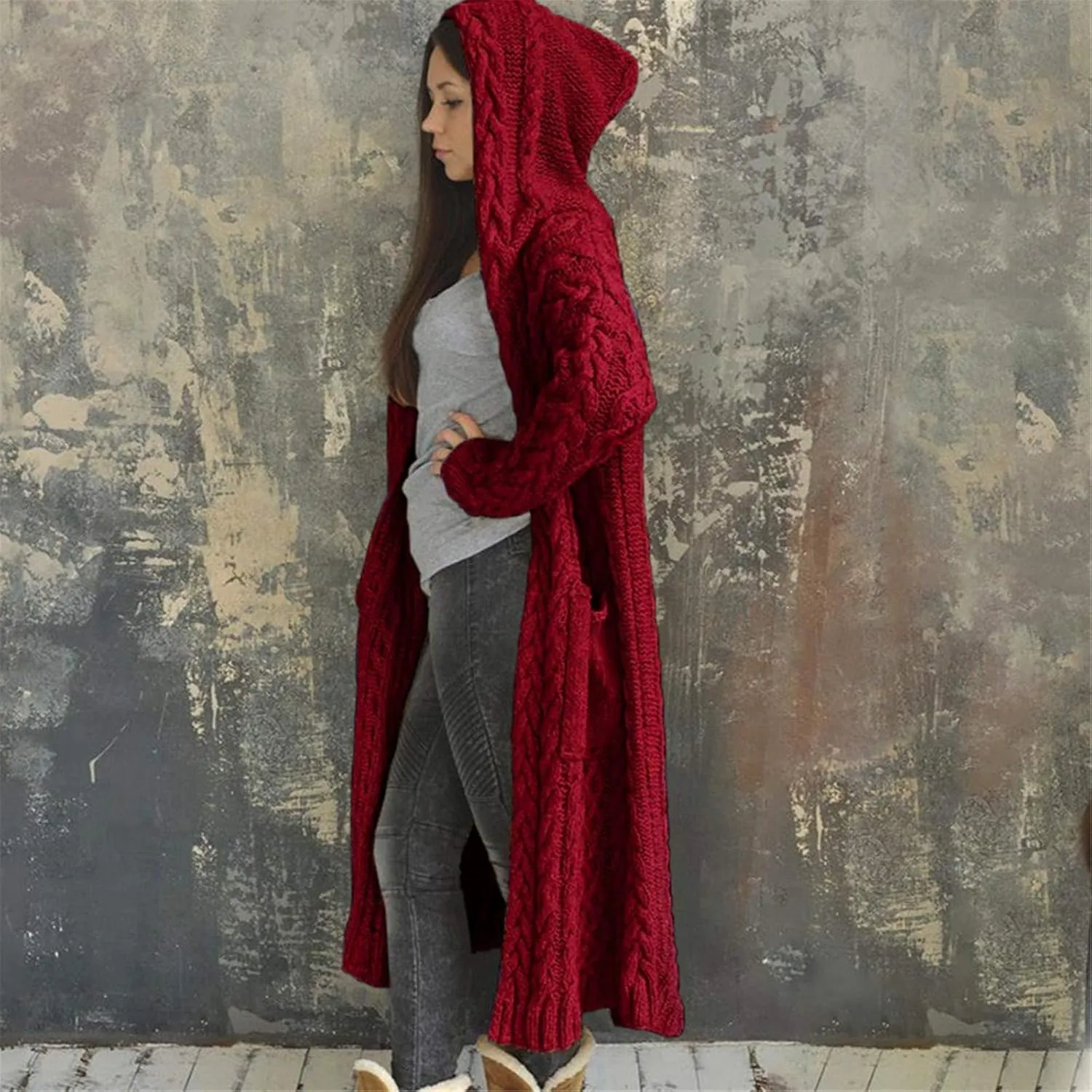Women Chunky Knit Sweater Coats Solid Hooded Long Cardigan Sweaters Winter Outwear Loose Knitted Jacket with