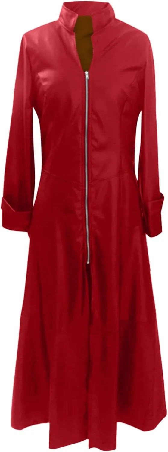 Women Faux Leather Motor Jackets Long Stand Collar Zipper Punk Pleather Dress Coats Windproof Slim Waist Trench Coats