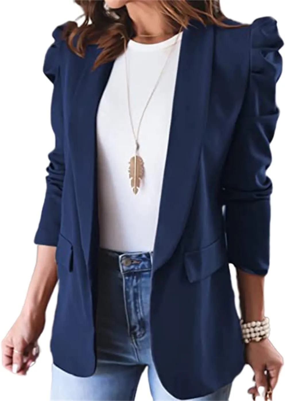 Women's Casual Blazers Puff Sleeve Long Sleeve Lapel Open Front Jackets Work Office Suit Coat with Pockets Cozy Trendy
