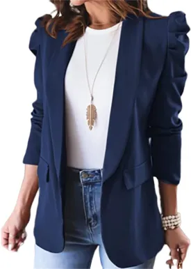 Women's Casual Blazers Puff Sleeve Long Sleeve Lapel Open Front Jackets Work Office Suit Coat with Pockets Cozy Trendy