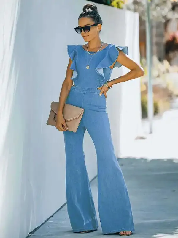 Women’s Denim Slim Fit Ruffle Flared Jumpsuit