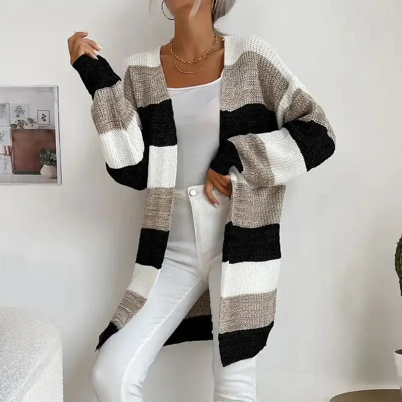 Women’s Fashion New Arrival Long Buttonless Colorblock Sweater Jacket