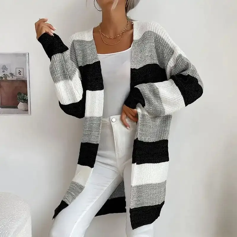 Women’s Fashion New Arrival Long Buttonless Colorblock Sweater Jacket