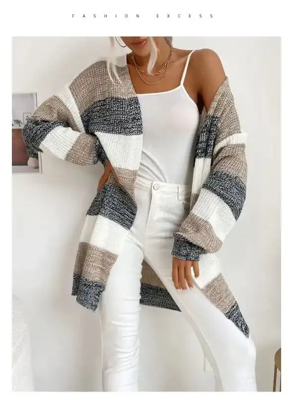 Women’s Fashion New Arrival Long Buttonless Colorblock Sweater Jacket