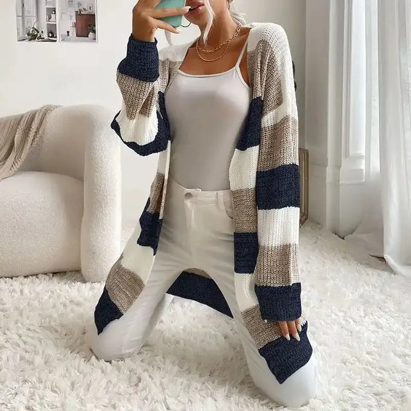 Women’s Fashion New Arrival Long Buttonless Colorblock Sweater Jacket