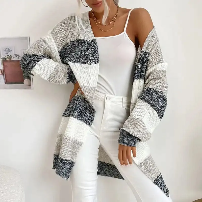 Women’s Fashion New Arrival Long Buttonless Colorblock Sweater Jacket