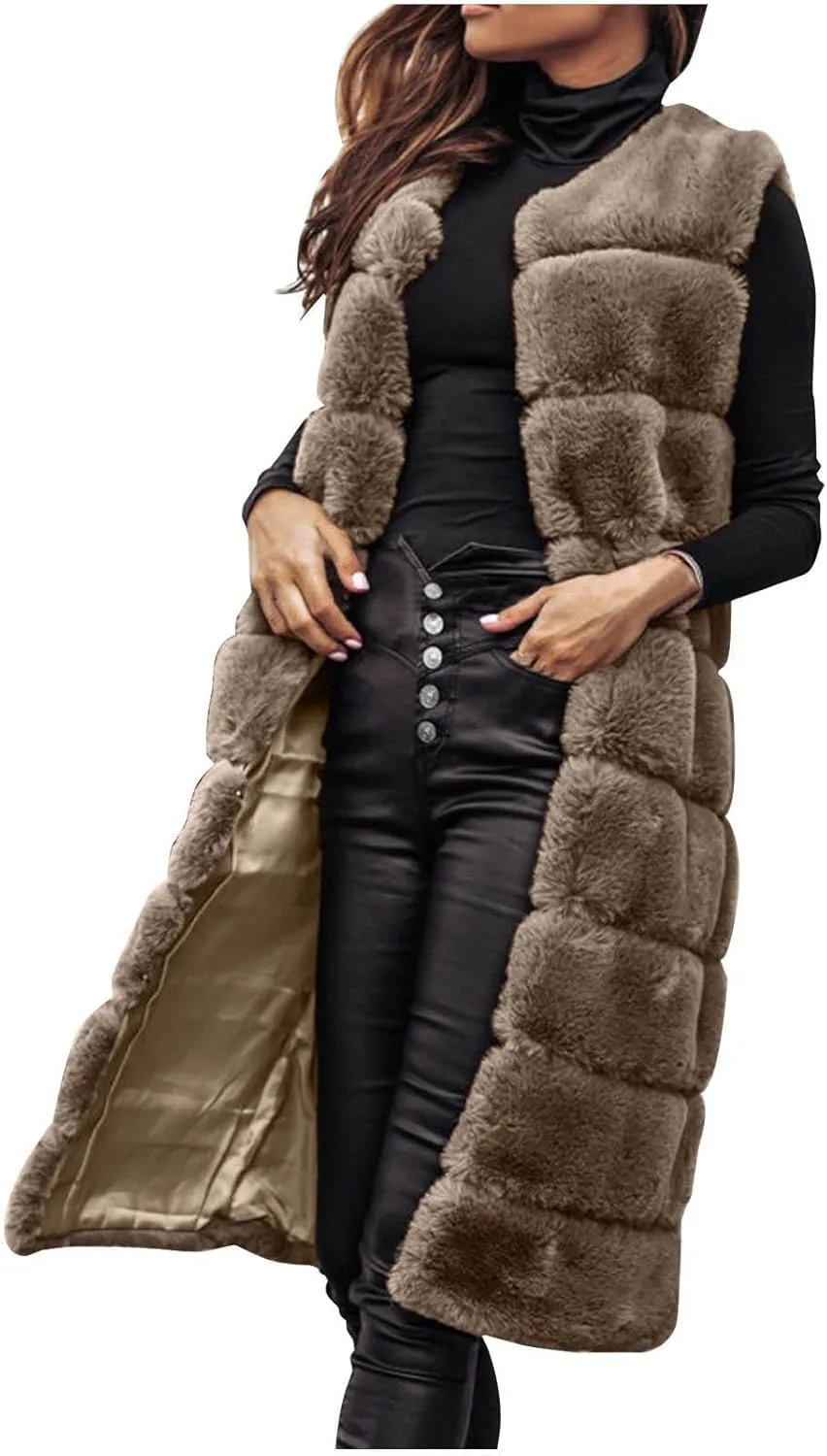 Womens Faux Fur Long Vest Open Front Sleeveless Fluffy Jackets Luxury Knee Length Winter Fashion Cardigans