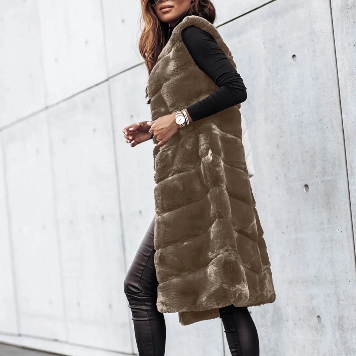 Womens Faux Fur Long Vest Open Front Sleeveless Fluffy Jackets Luxury Knee Length Winter Fashion Cardigans