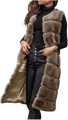 Womens Faux Fur Long Vest Open Front Sleeveless Fluffy Jackets Luxury Knee Length Winter Fashion Cardigans