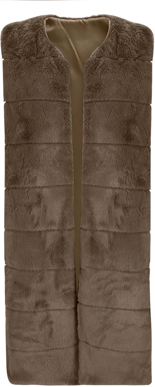 Womens Faux Fur Long Vest Open Front Sleeveless Fluffy Jackets Luxury Knee Length Winter Fashion Cardigans