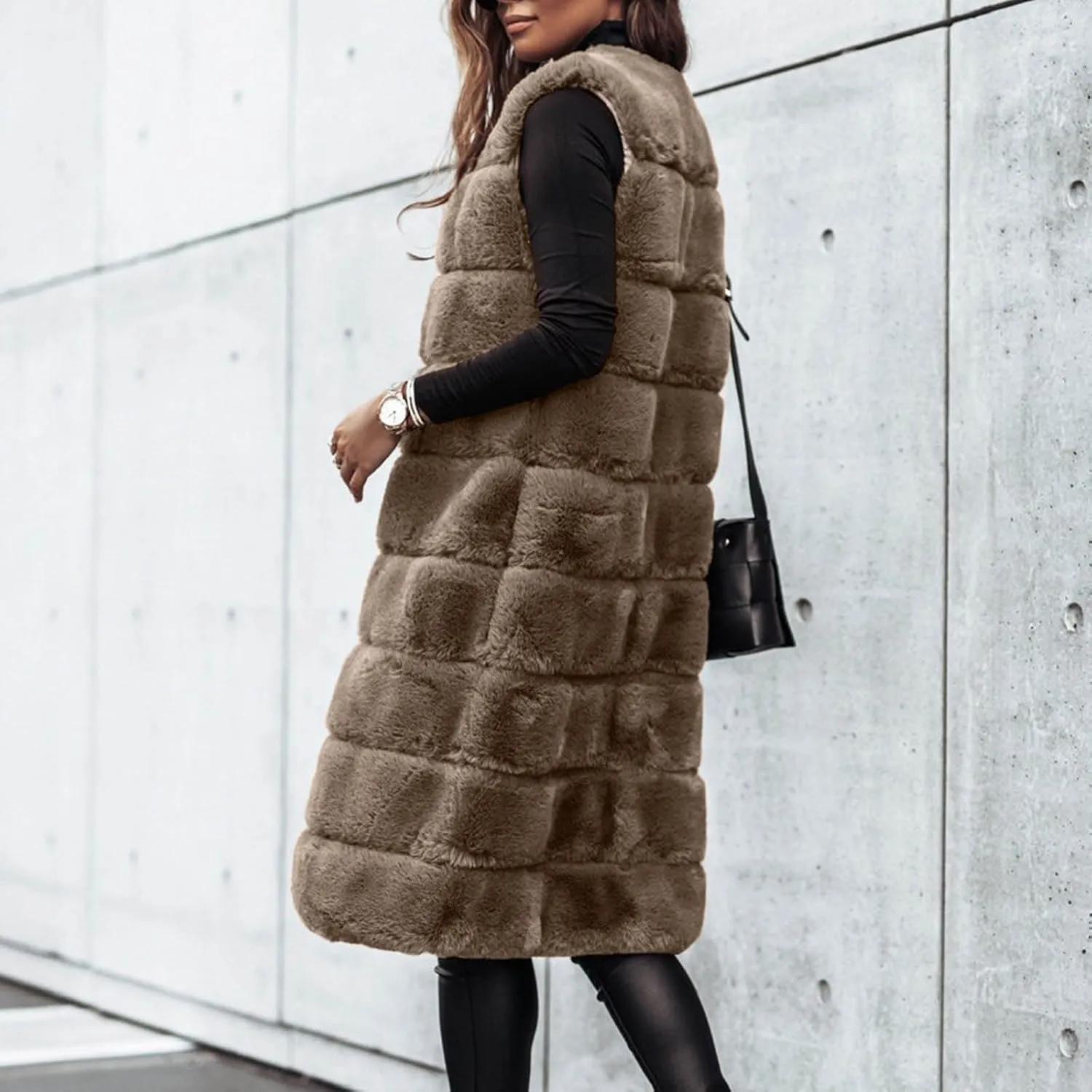 Womens Faux Fur Long Vest Open Front Sleeveless Fluffy Jackets Luxury Knee Length Winter Fashion Cardigans