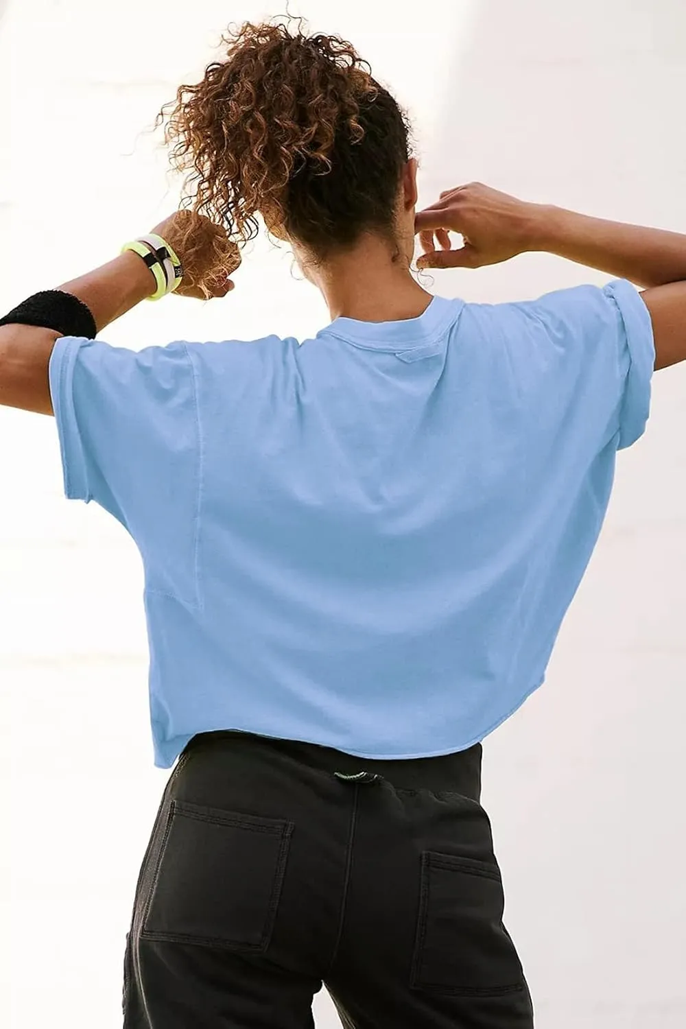 Women's Oversize Workout Crop Tops Casual Short Sleeve Drop Shoulder Boxy T-Shirts Roll Hem Basic Loose Yoga Running Tees