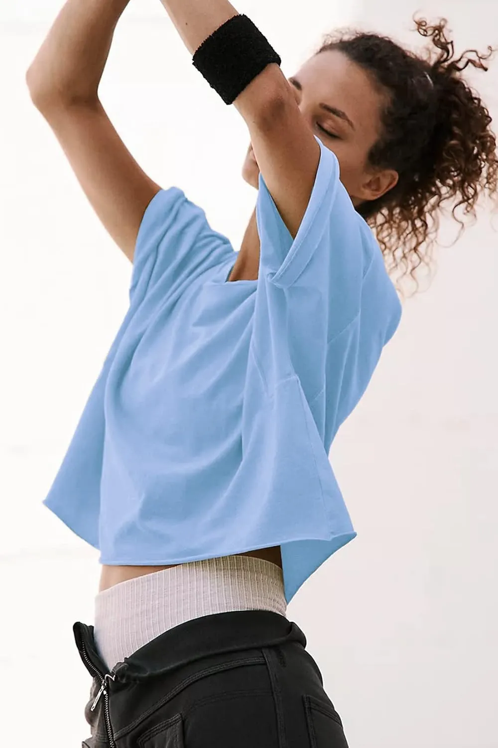 Women's Oversize Workout Crop Tops Casual Short Sleeve Drop Shoulder Boxy T-Shirts Roll Hem Basic Loose Yoga Running Tees