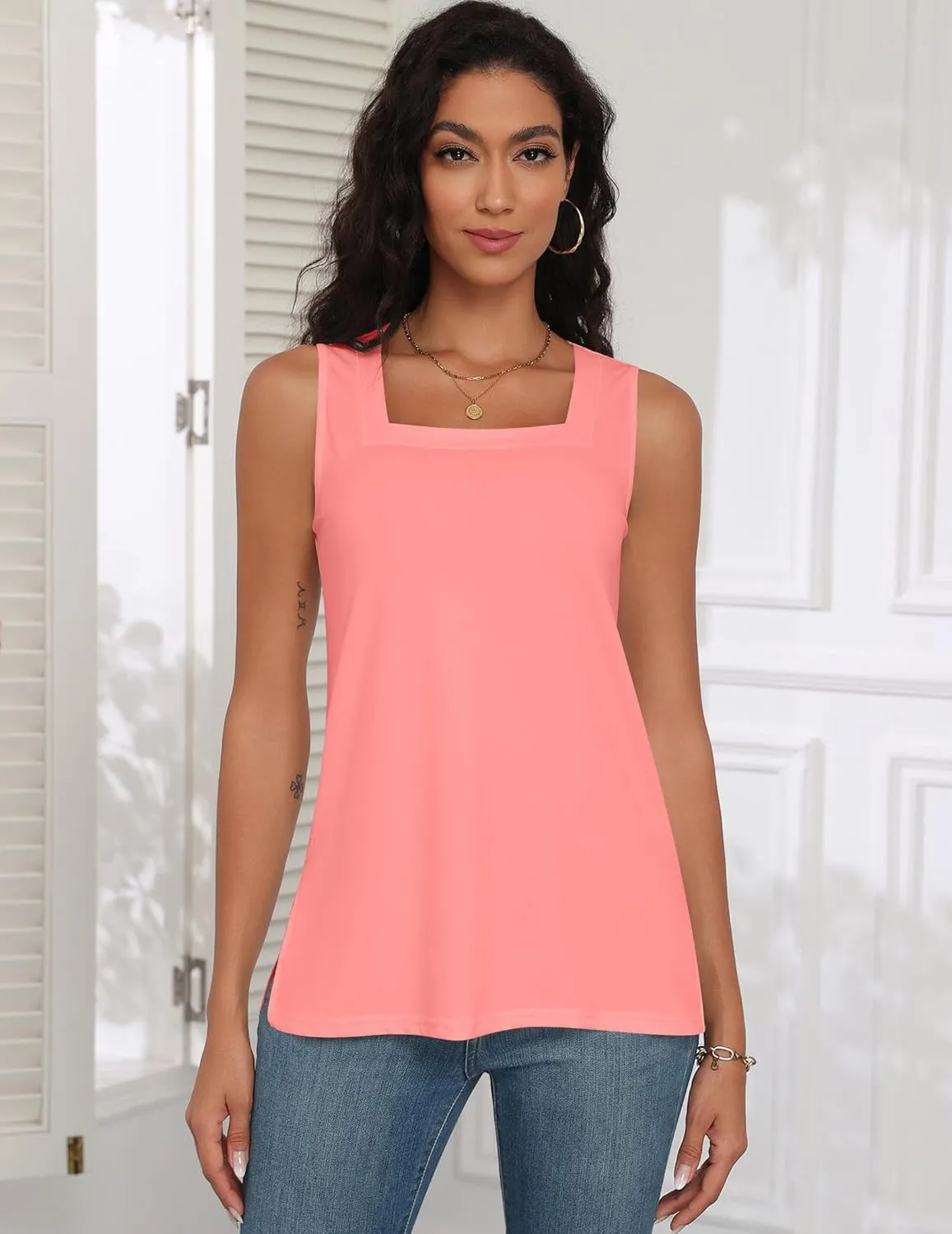 Zeagoo Tank Tops for Women 2025 Summer Square Neck Loose Fit Side Split Casual Flowy Sleeveless Shirts S-XXL