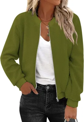 Zeagoo Women's Sherpa Fleece Jacket Long Sleeve Faux Fuzzy Casual Zip Up Bomber Coat With Pocket S-XXL